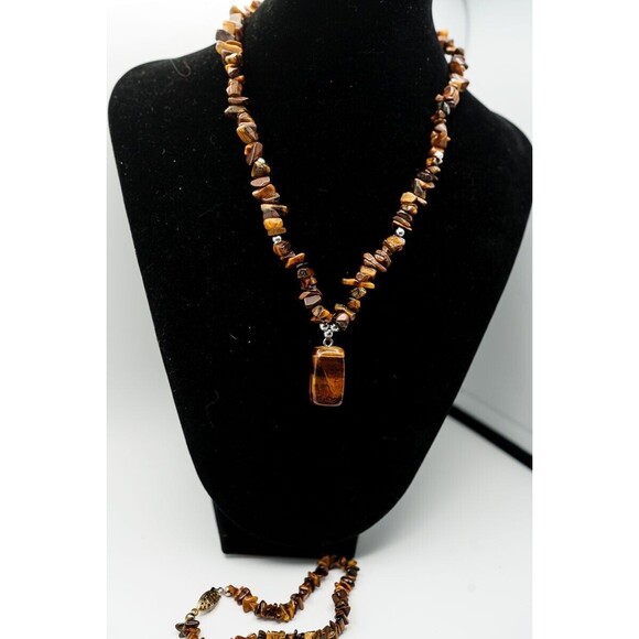 Tigers eye 17 " necklace bracelet 8" and earring set gold tone parure - Picture 2 of 10